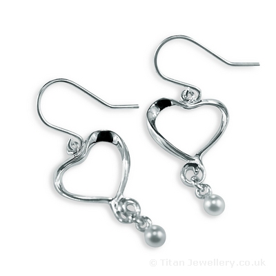 Silver Heart and Pearl Drop Earrings