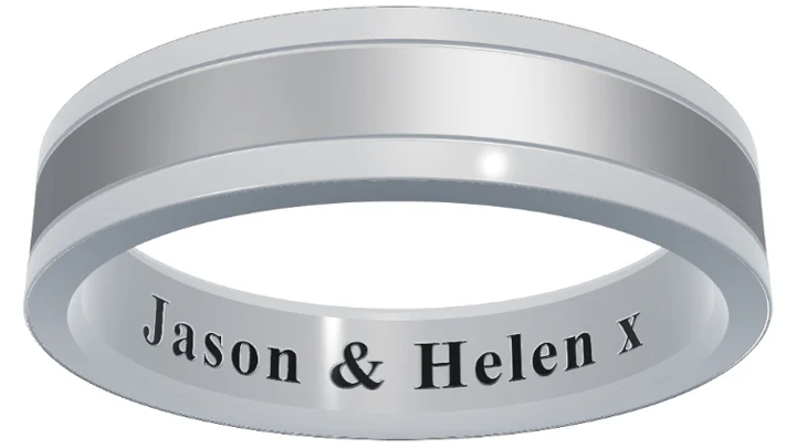 Personalised wedding ring engraving, couple names Jason and Helen on a cobalt band