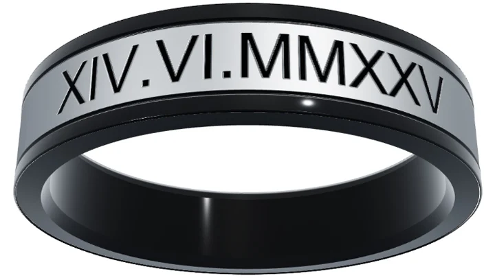Roman numeral wedding ring engraving idea, XIV.VI.MMXXV on outside of band